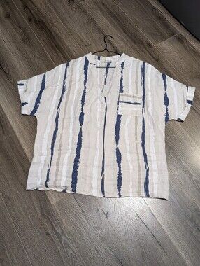 Puro Lino. Women Short Sleeve Stripe Linen Shirt - Blue & Cream. V Neck. Large